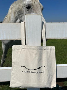 3 Sistes Equine Refuge mountain logo tote bag
